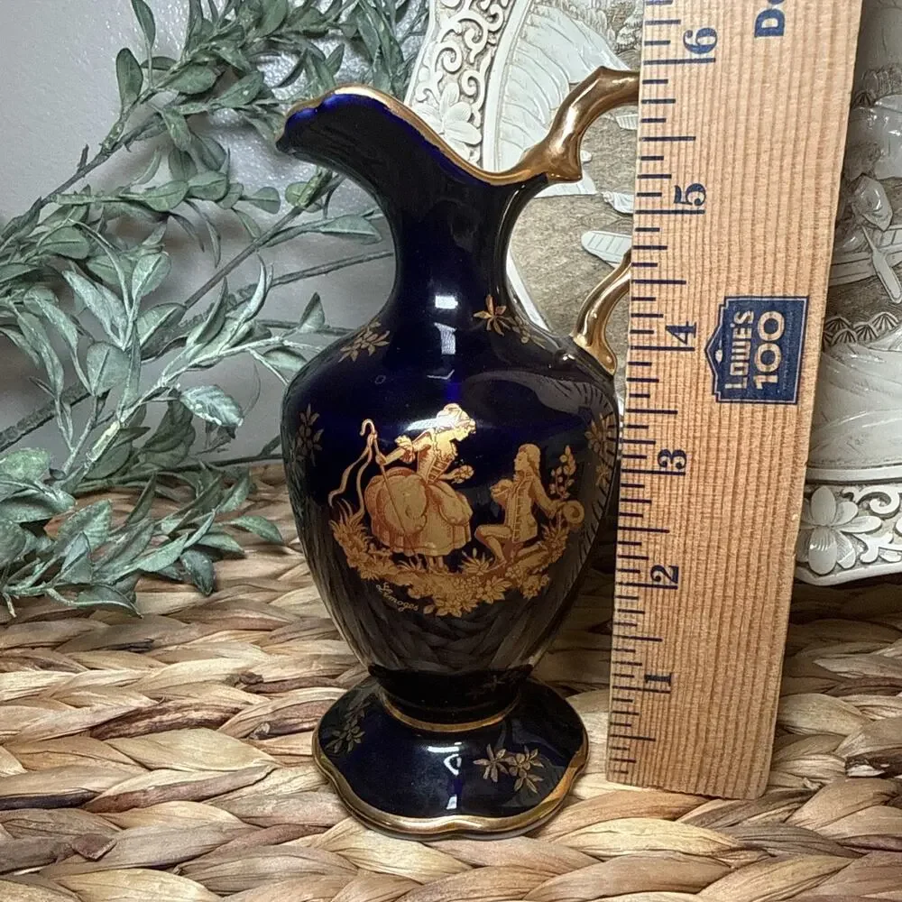 Limoges Castel France Cobalt Blue Gold Gilt Mini Ewer Pitcher 6” Porcelain